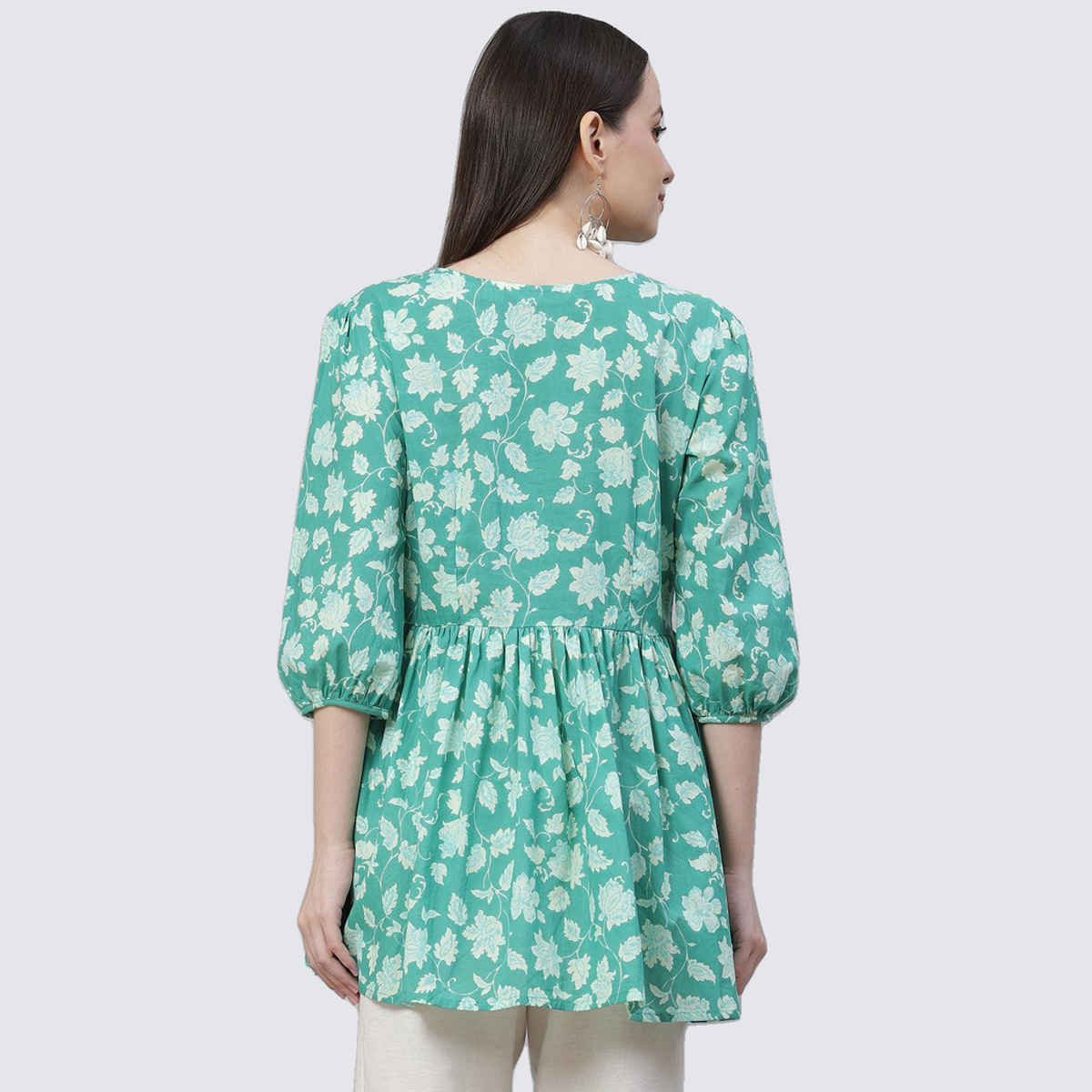Divena Women's Floral Printed Peplum Cotton Tunic | DK0629 | Sea Green | L