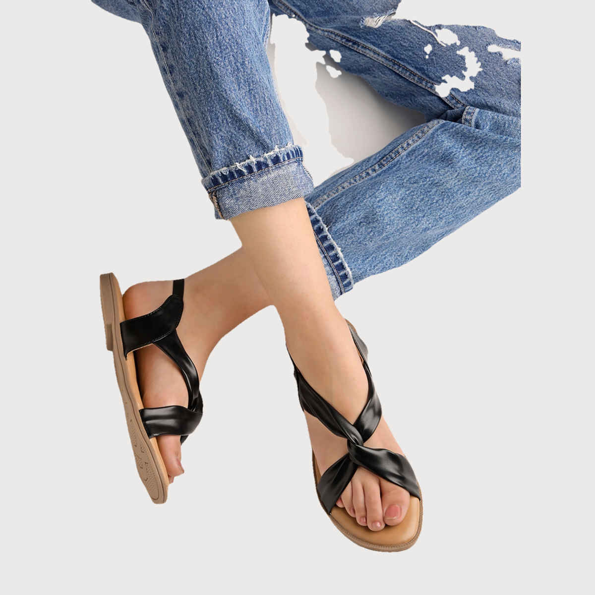 Shoetopia Cross Strap Black Flat Sandals For Women | UK 9