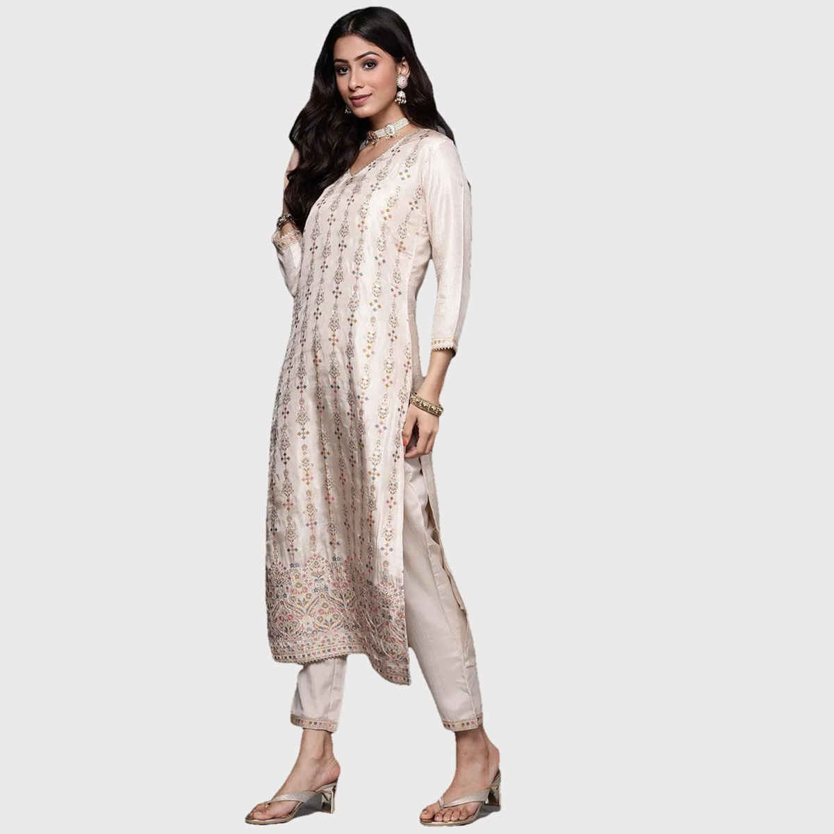 Libas Women Beige Kurta And Beige Solid Trouser With Beige Chiffon Embellished Dupatta - 33338OXL