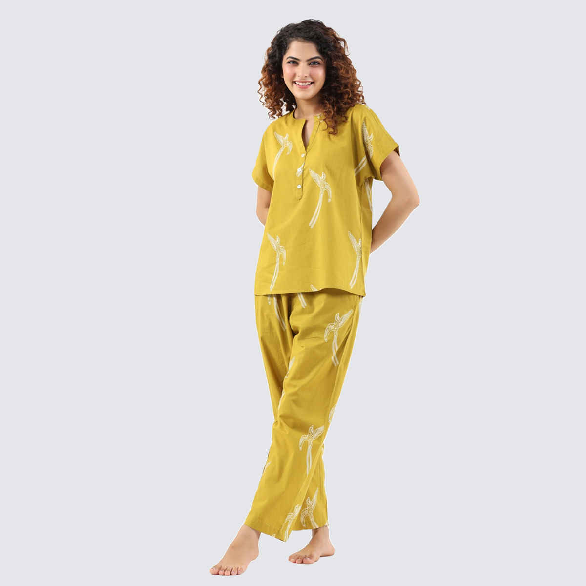 Sanskrutihomes Graphic Printed Pure Cotton Night Suit | Yellow - L