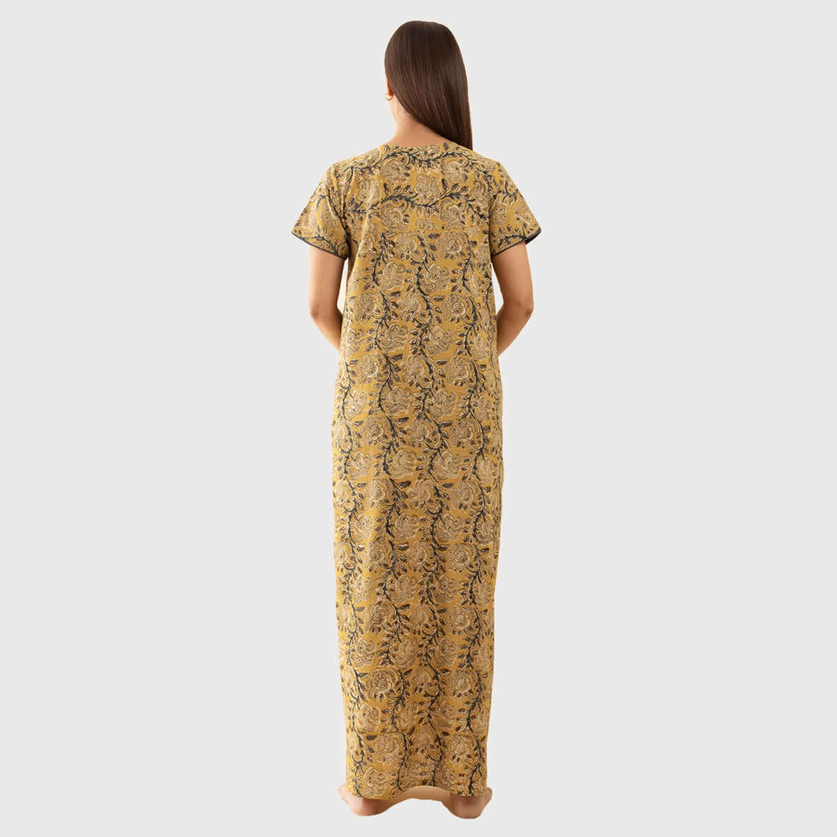 Maybell Women's Cotton Kalamkari Printed Nighty | Mustard - L