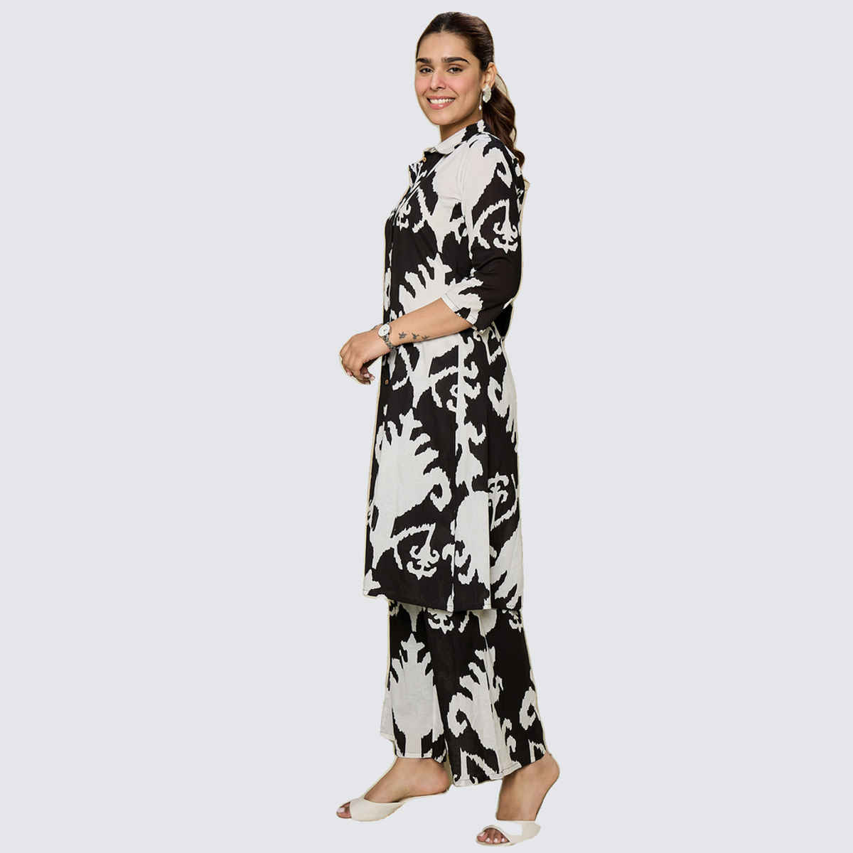 INDO ERA Women's Printed A-Line Kurta Pant set | CD0BK9661 | Black - XL