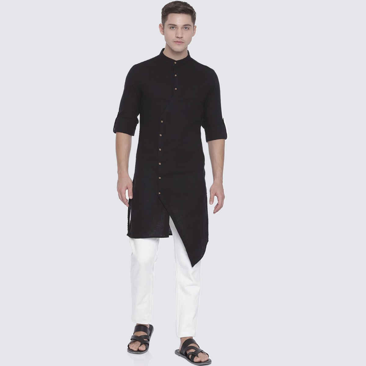 The Indian Garage Co Men's Slim Fit Solid Ethnic Kurta| Black - M