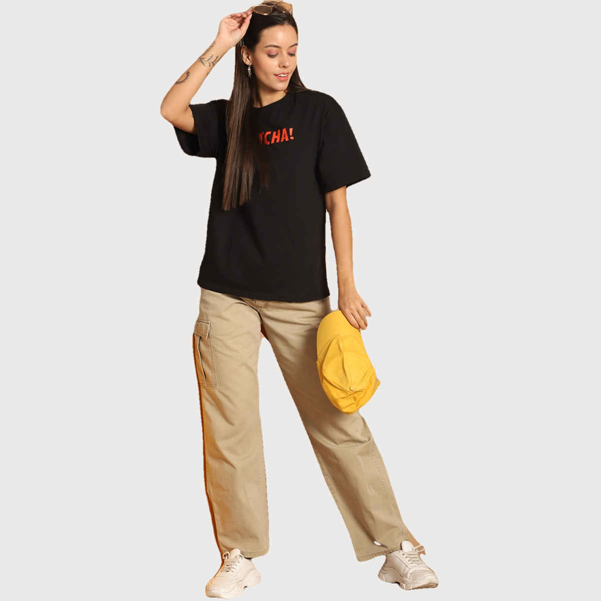 Fabflee Women Oversize Cotton Printed Round Neck Tshirt | Black | FAB-OS-504 | L