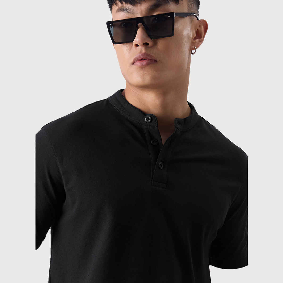 The Souled Store Men's Regular Solids- Midnight Black Mandarin Polo | XL