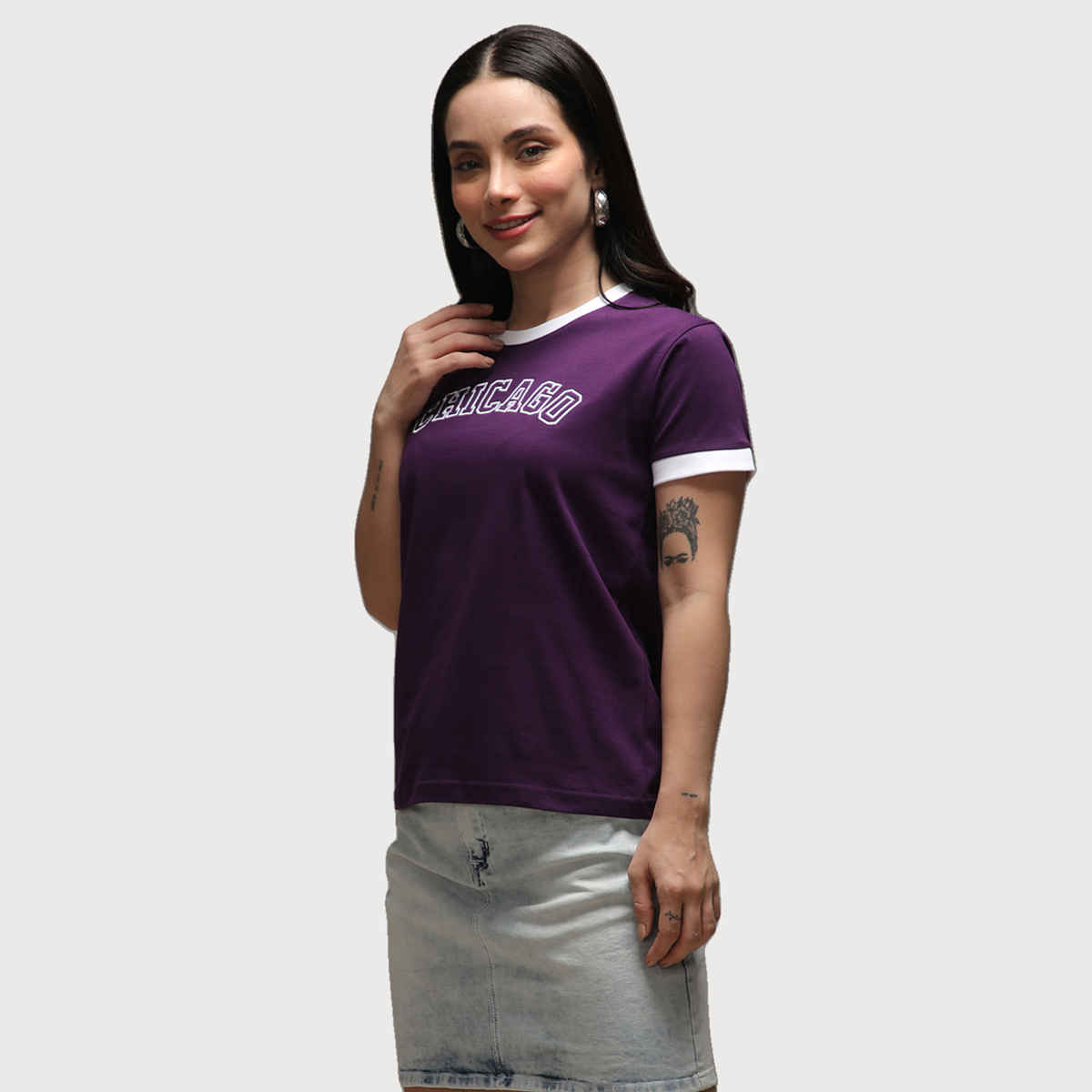 Dillinger Women's Short Sleeve Regular Fit Crew Neck Varsity Embroidery T-shirt | Purple - L