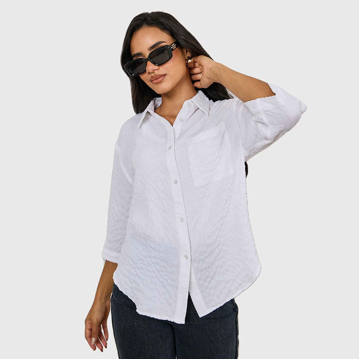 Styli Women's Casual Wear Self Design Spread Collar 3/4 Sleeves Oversized Shirts | White - M