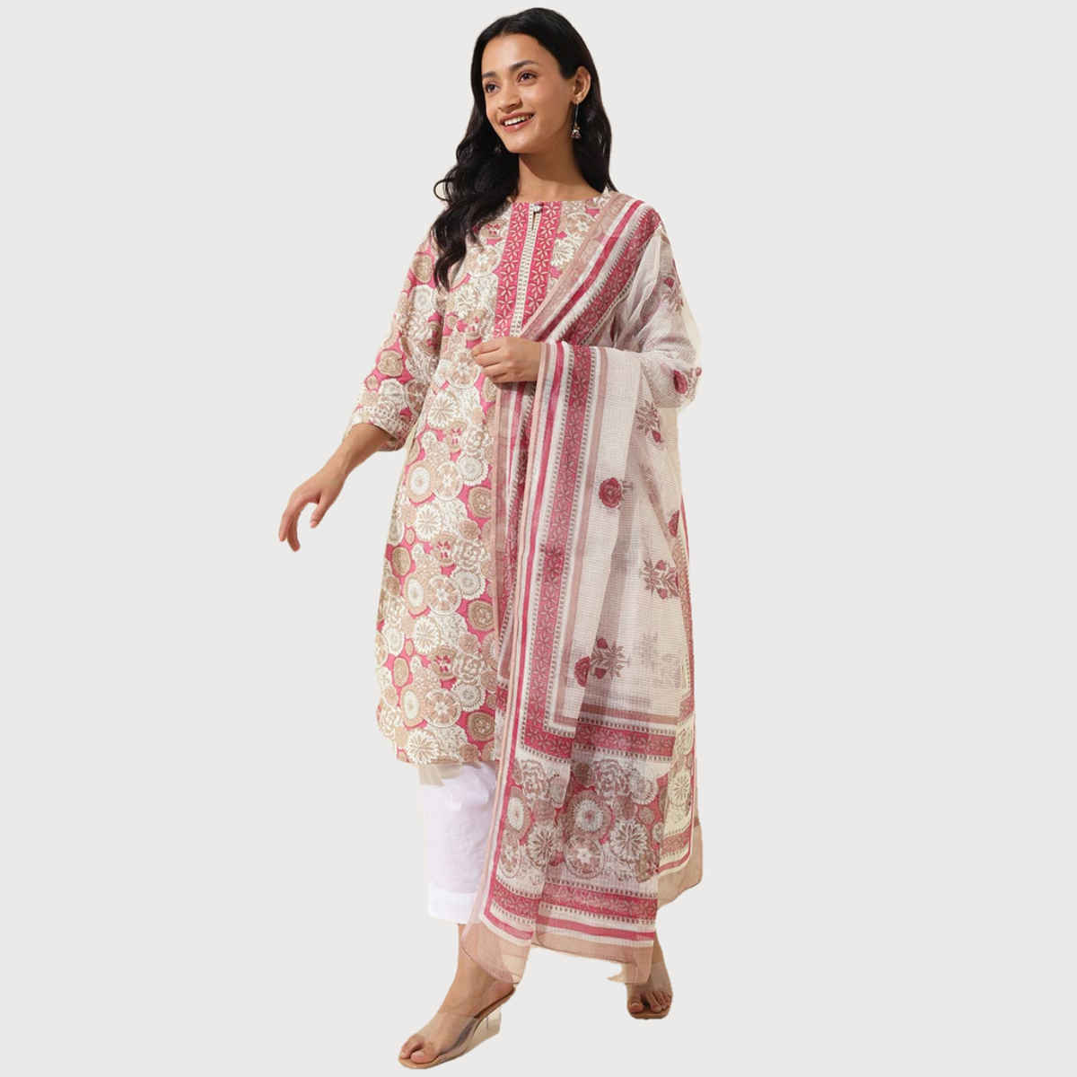 Fabindia Women's Dupatta & Kurta Set Cotton Printed | Pink - XL