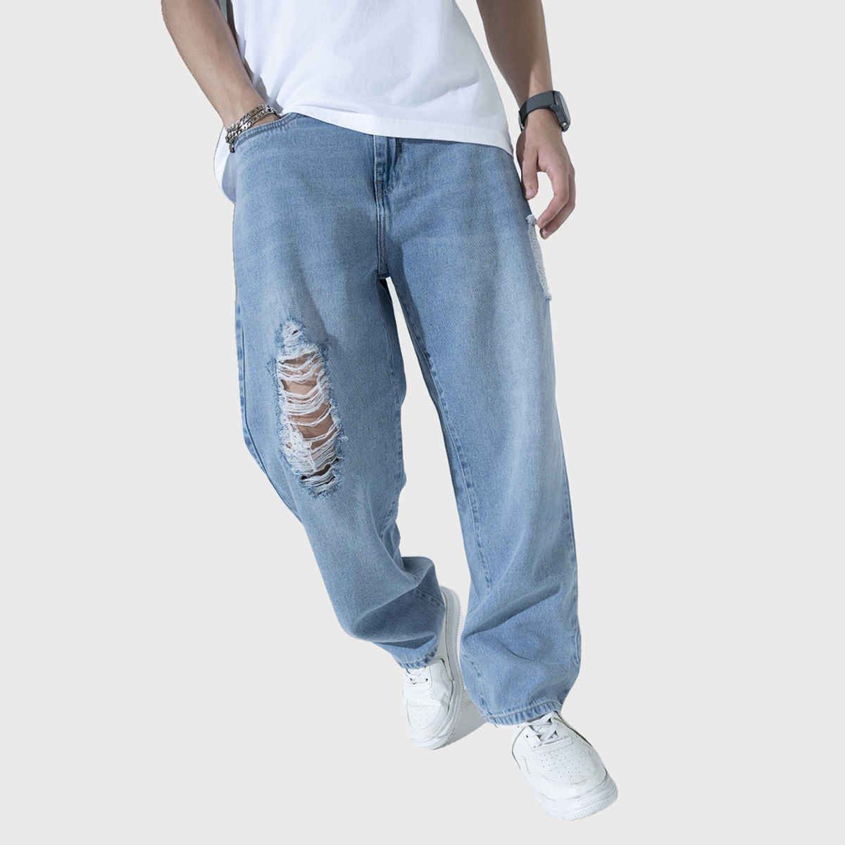 Hubberholme Men's Slash Knee Pure Cotton Relaxed Fit Jeans | Blue - 34