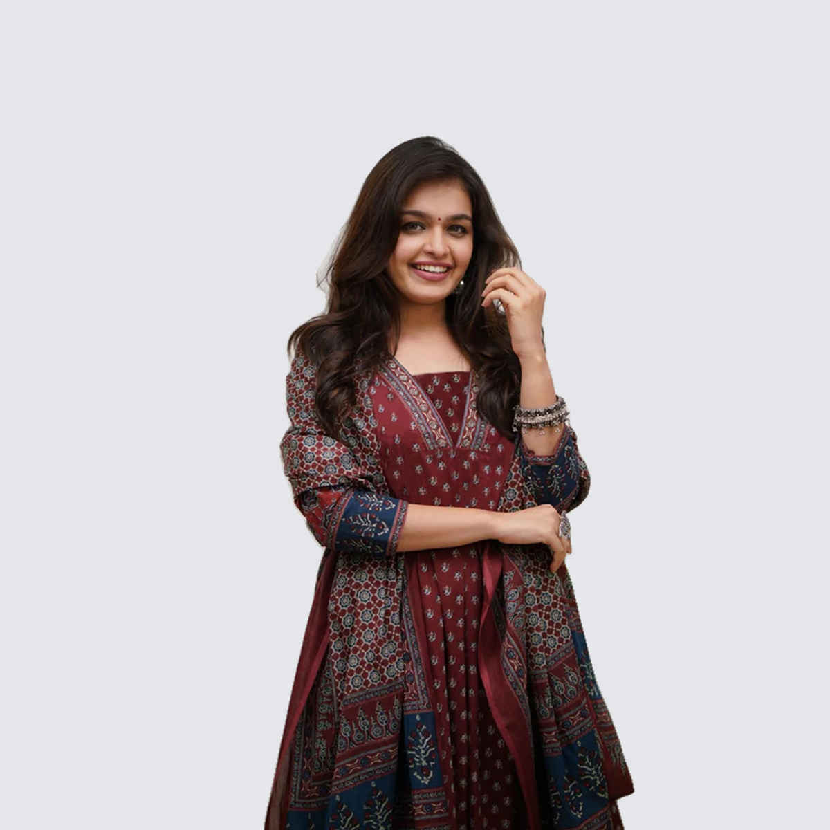 GoSriKi Women's Viscose Rayon Anarkali Printed Kurta with Pant & Dupatta | NAKULA | Wine - S