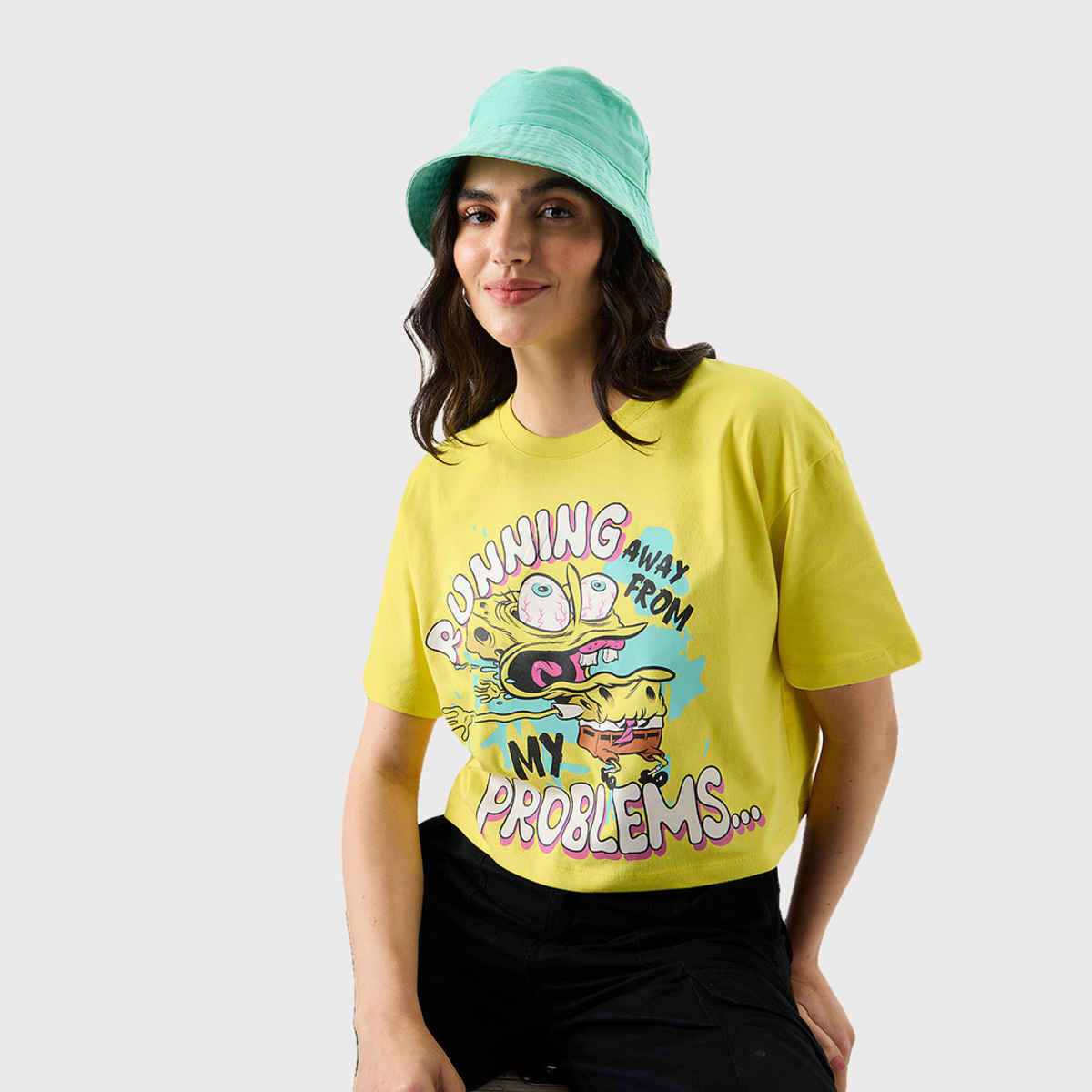 The Souled Store Women's SpongeBob Running Away Oversized Cropped T-shirt | Yellow - XS