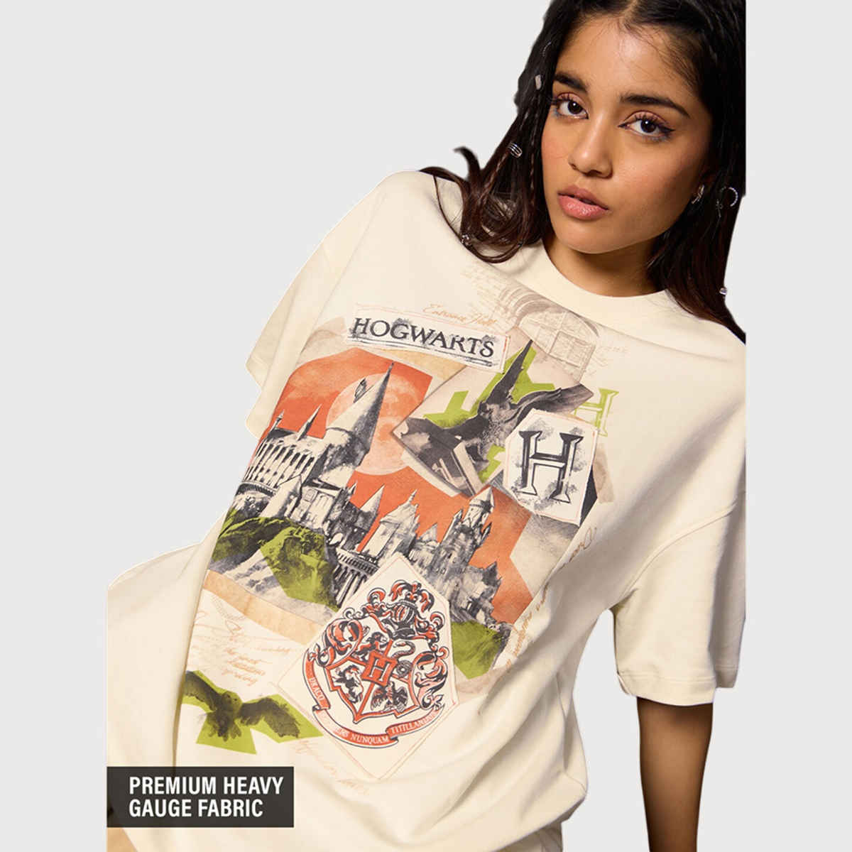 The Souled Store Women's Harry Potter Hogwarts Oversized T-shirt | Cream - M
