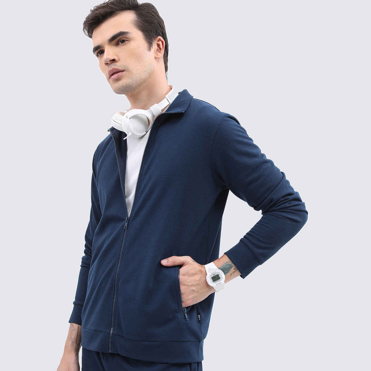 HIGHLANDER Men's Mock Neck Tailored Jacket | Navy Blue - S