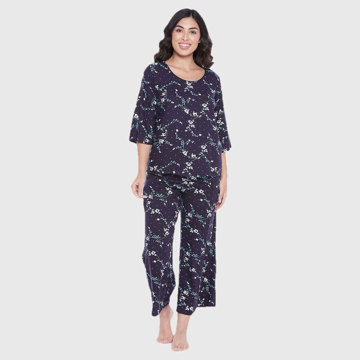 Clovia Women's Pretty Florals Rayon Top & Pyjama Set | LS0534P08 | Blue - S