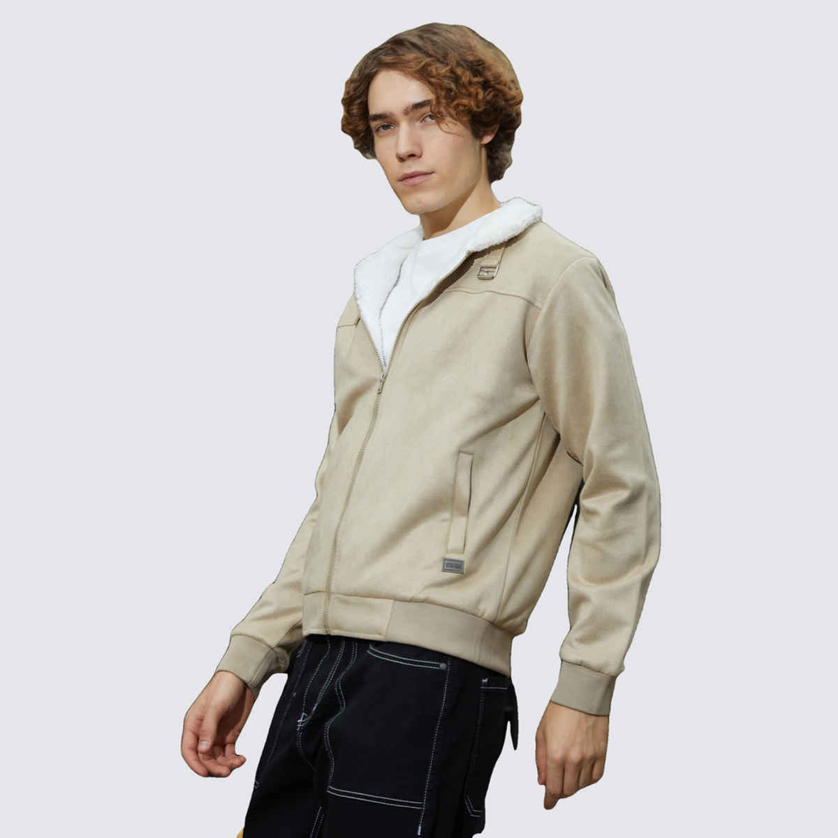 Campus Sutra Men's Fleece-Lined Bomber Jacket | Saltbox Beige & Chalk White - S