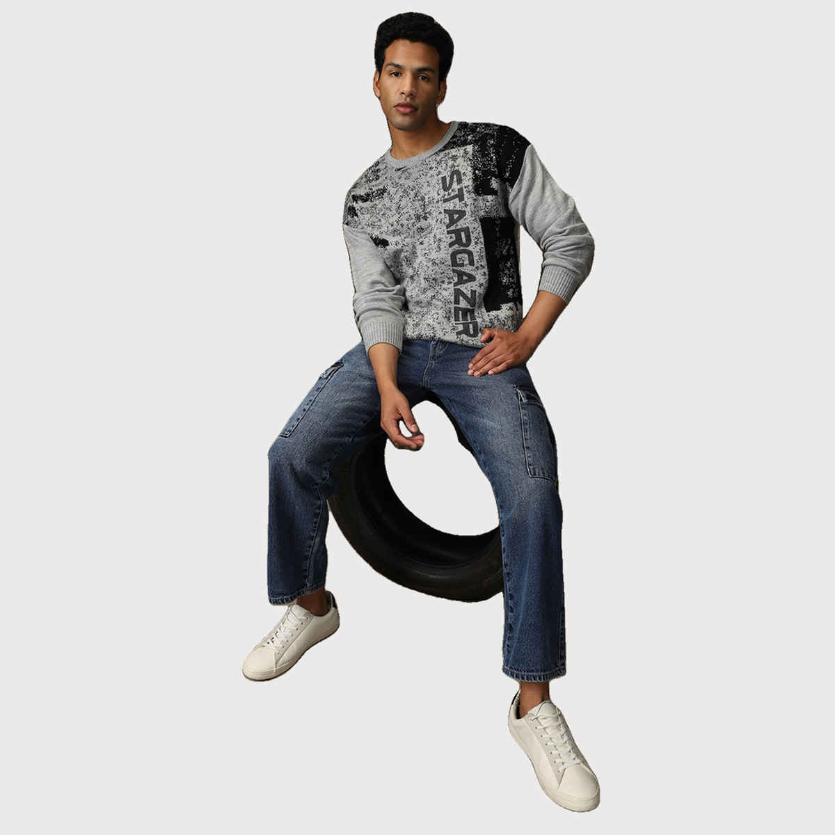 High Star Men's Abstract Pattern Relaxed Fit Pullover | Grey - M
