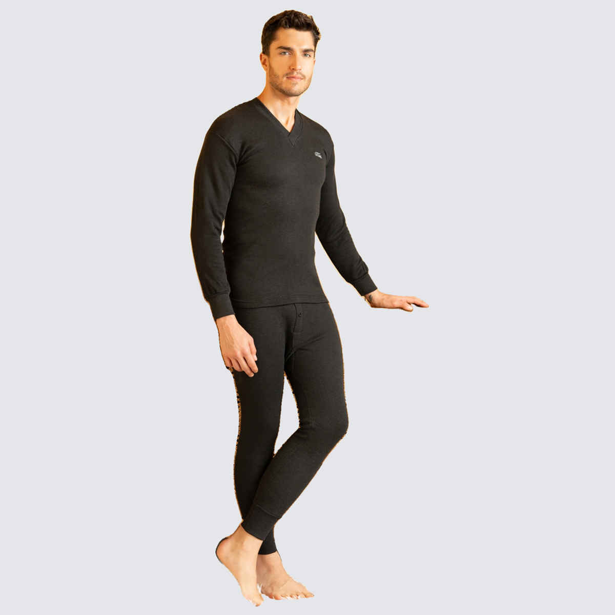 Lux Cottswool Men's Full Sleves V|Neck Thermal Top And Bottom Set | Black| 95 cm