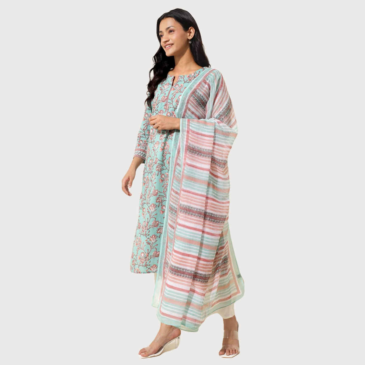 Fabindia Women's Dupatta & Kurta Set Printed | Blue - XL