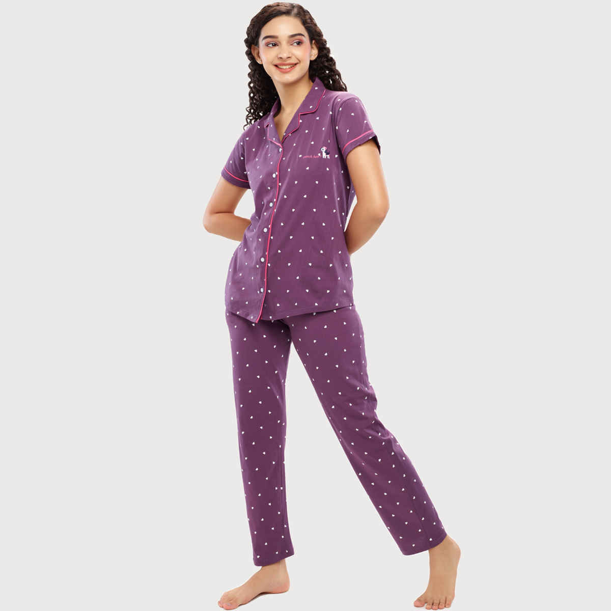 Zeyo Women's Cotton Heart Printed Stylish Night Suit Set of Shirt & Pyjama | 5612 Purple-M