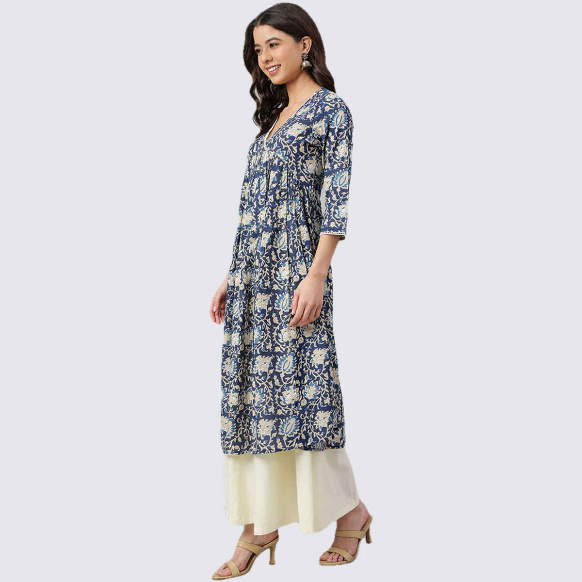 Janasya Women's Navy Blue Pure Cotton Floral Printed Flared Kurta | 2XL