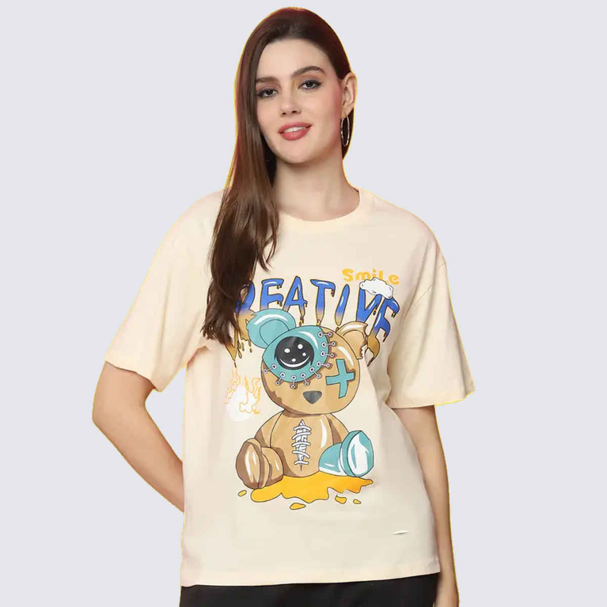 Fabflee Women Oversize Cotton Printed Round Neck Tshirt | Beige | FAB-OS-529 | M