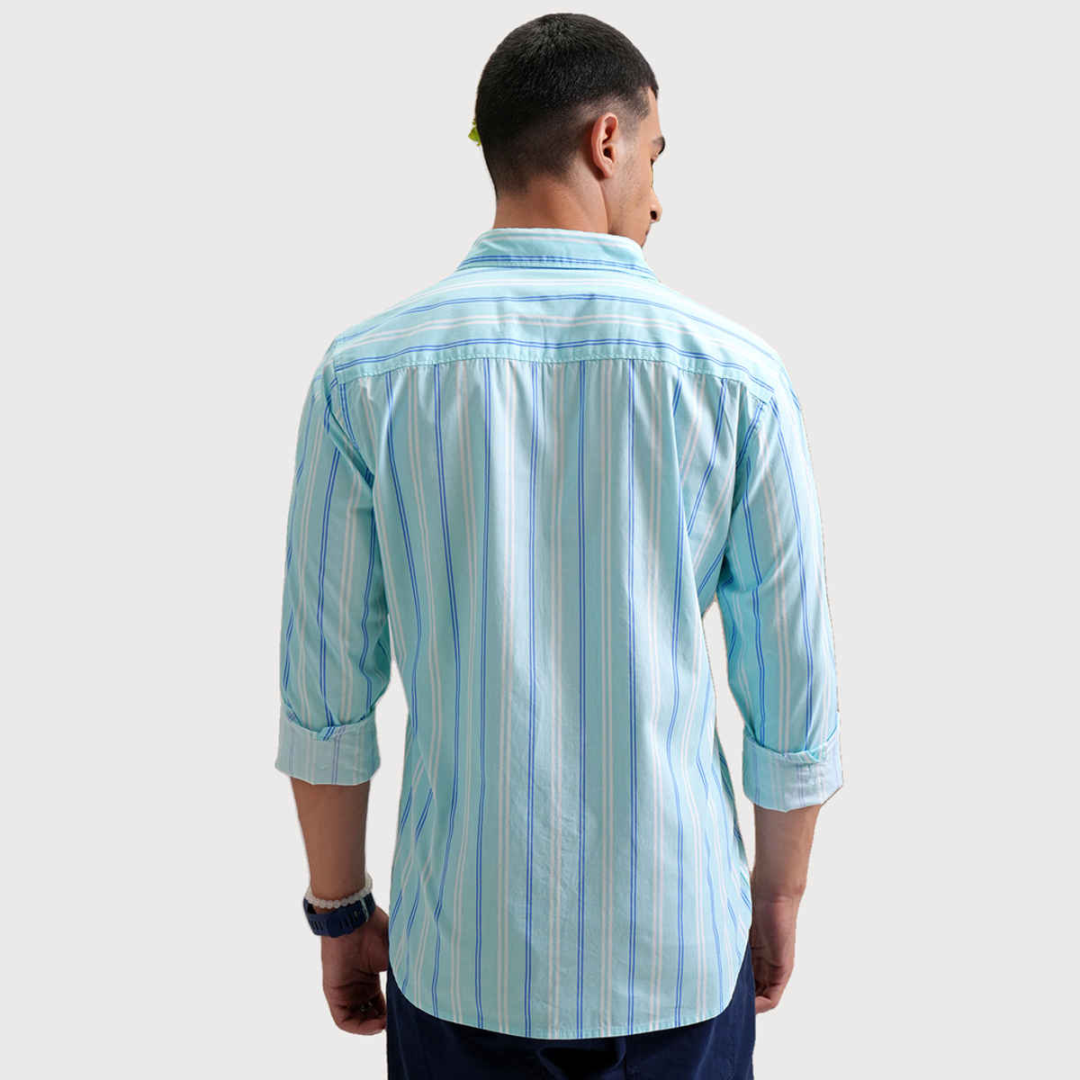 Highlander Men's Classic Slim Fit Vertical Striped Spread Collar Cotton Shirt | Aqua, White & Blue-M
