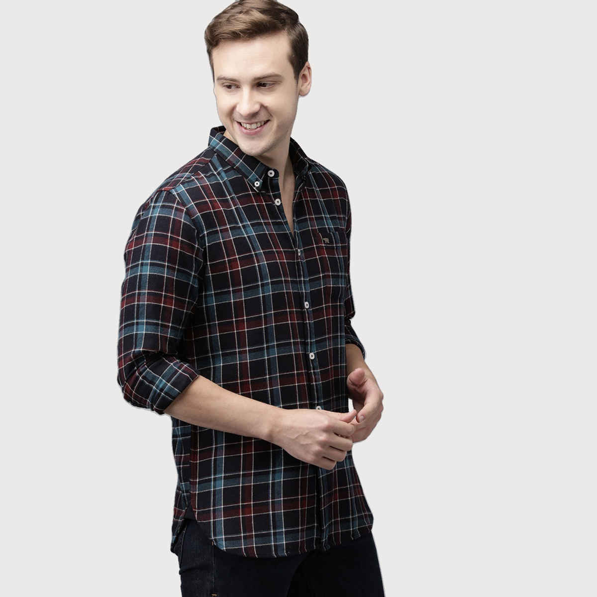 The Bear House Men Slim Fit Checked Button-Down Casual Shirt - Peru | Blue | L