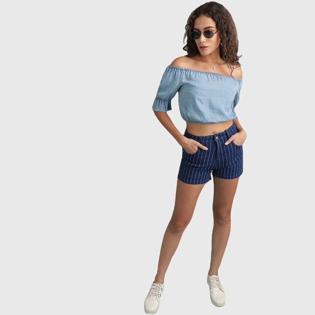 Freehand Women's Laser Striped Denim Shorts | Blue - 30