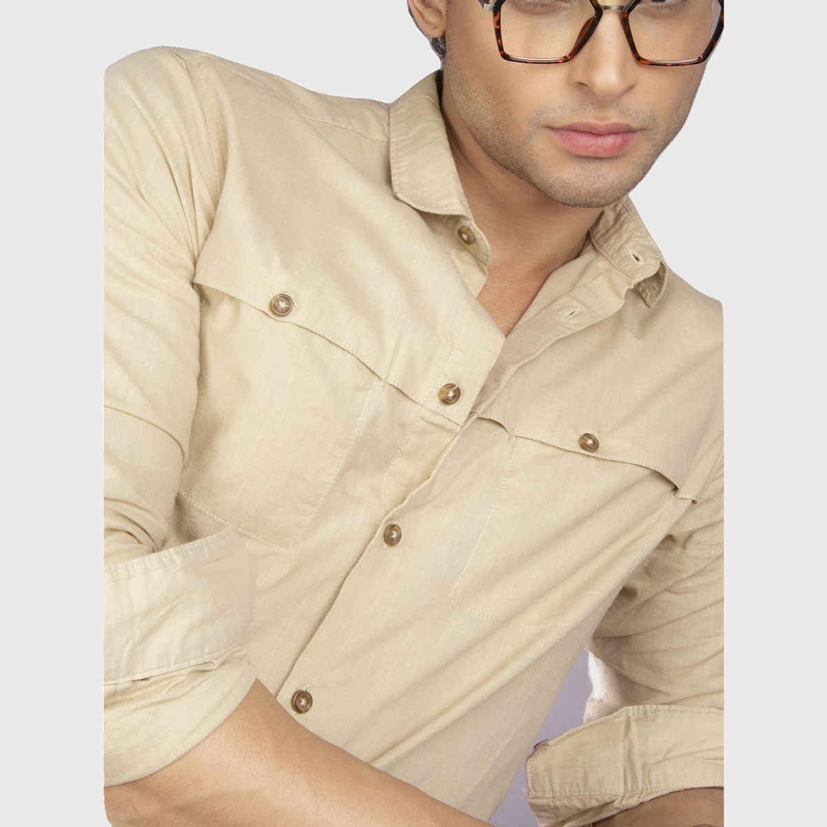 The Indian Garage Co Men's Slim Fit Solid Casual Shirt | Beige - L