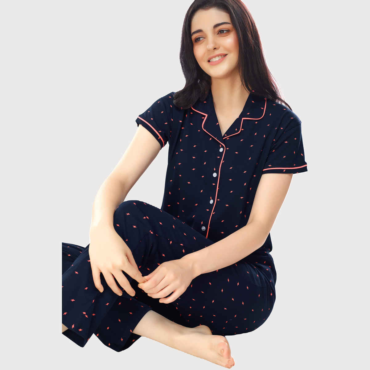 Zeyo Women's Cotton Flash Printed Navy Blue Night Suit Set of Shirt & Pyjama | 5251-XL