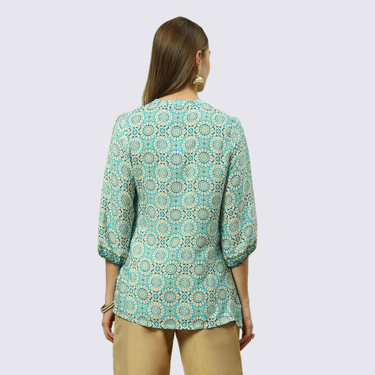 Rangriti Women's Polyester A-Line Printed Top | INDIETOP18643AW23GRN | Green - 32