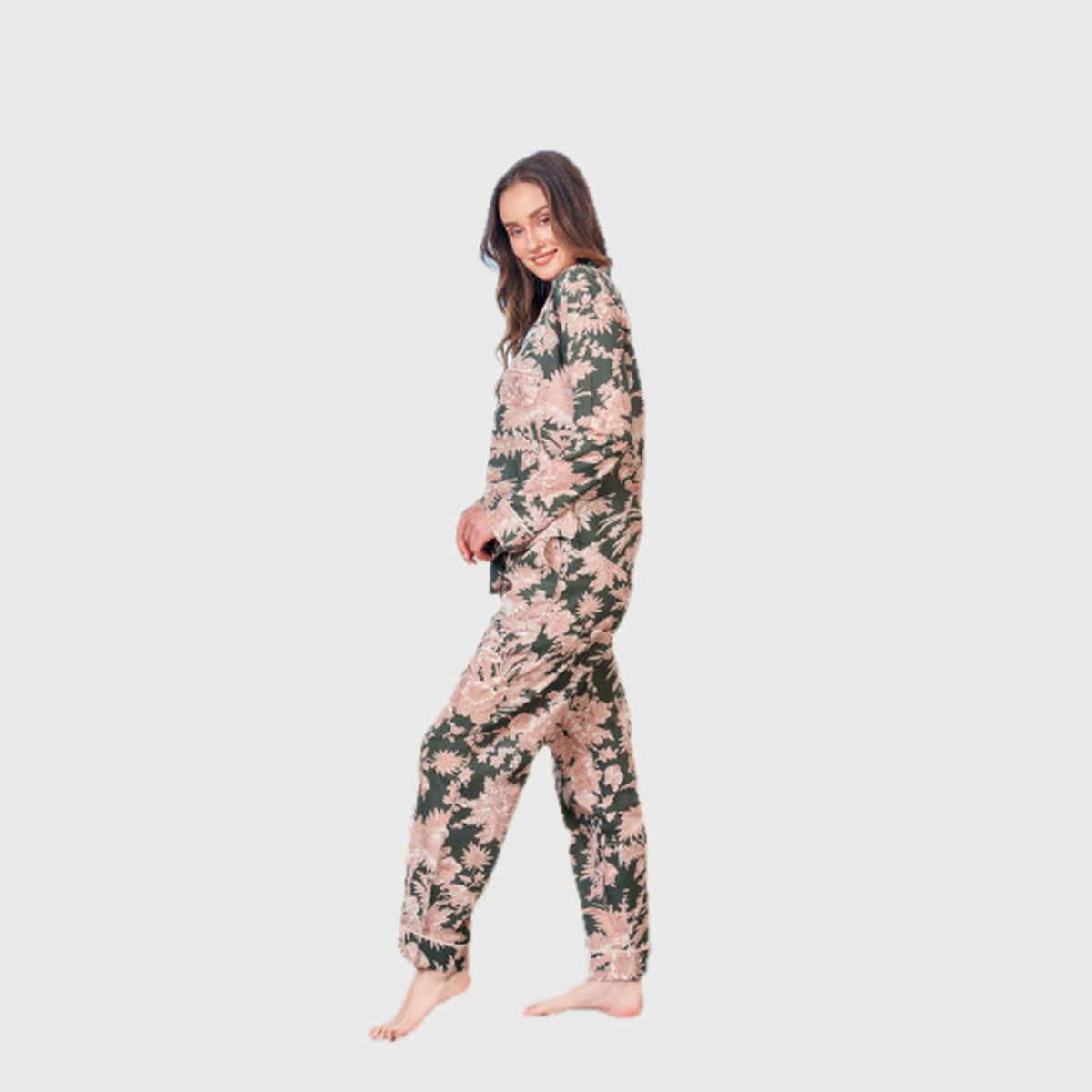 Sanskrutihomes Floral Printed Pure Cotton Night Suit | Olive - XL