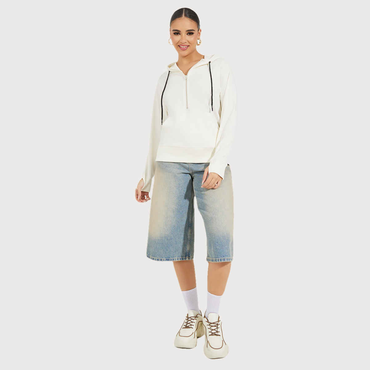 Styli Women's Regular Length Regular Fit- Half Zipper Sweatshirt Hoodie | Off White - L