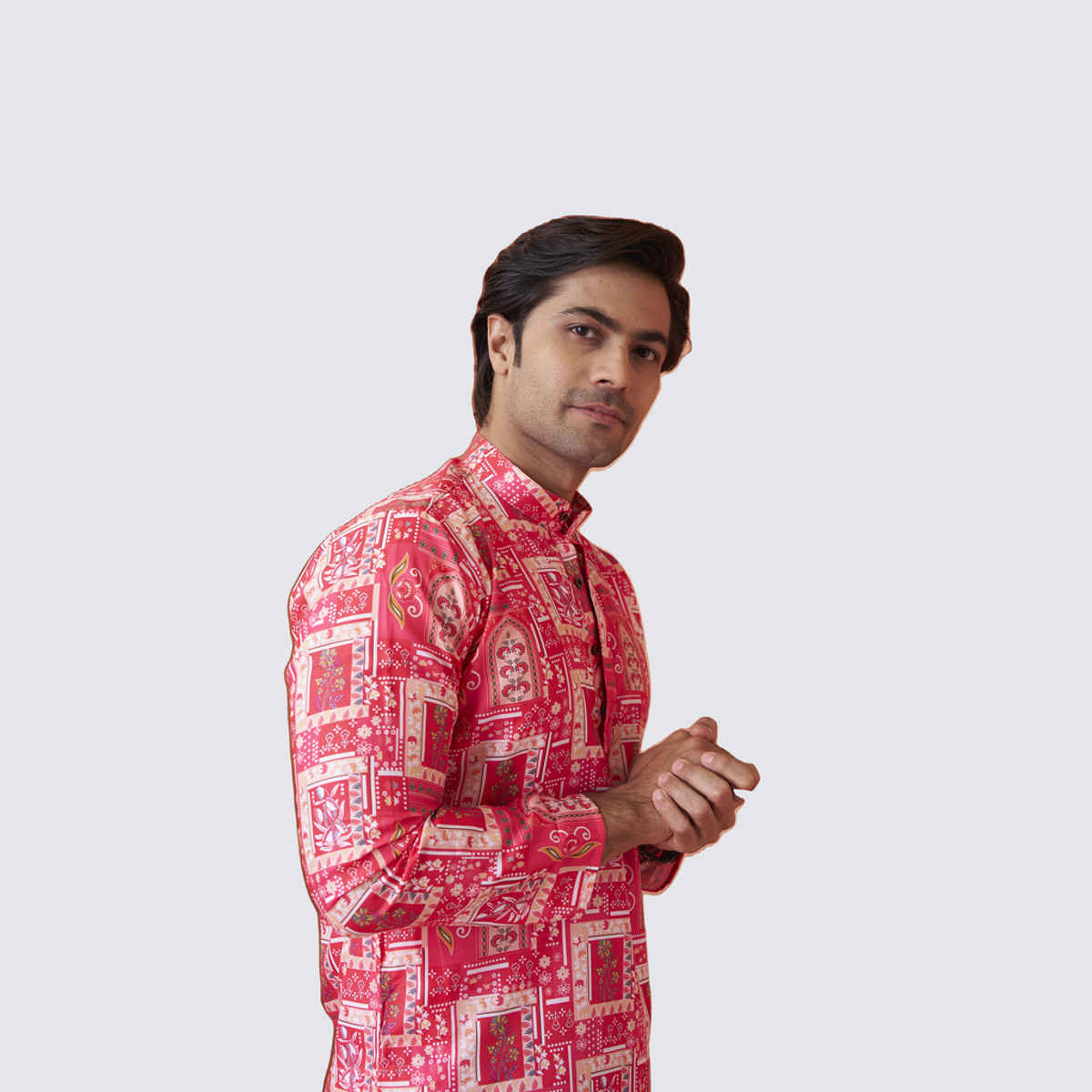 House Of Festivals Men's Printed Cotton Blend Long Kurta | Pink -L