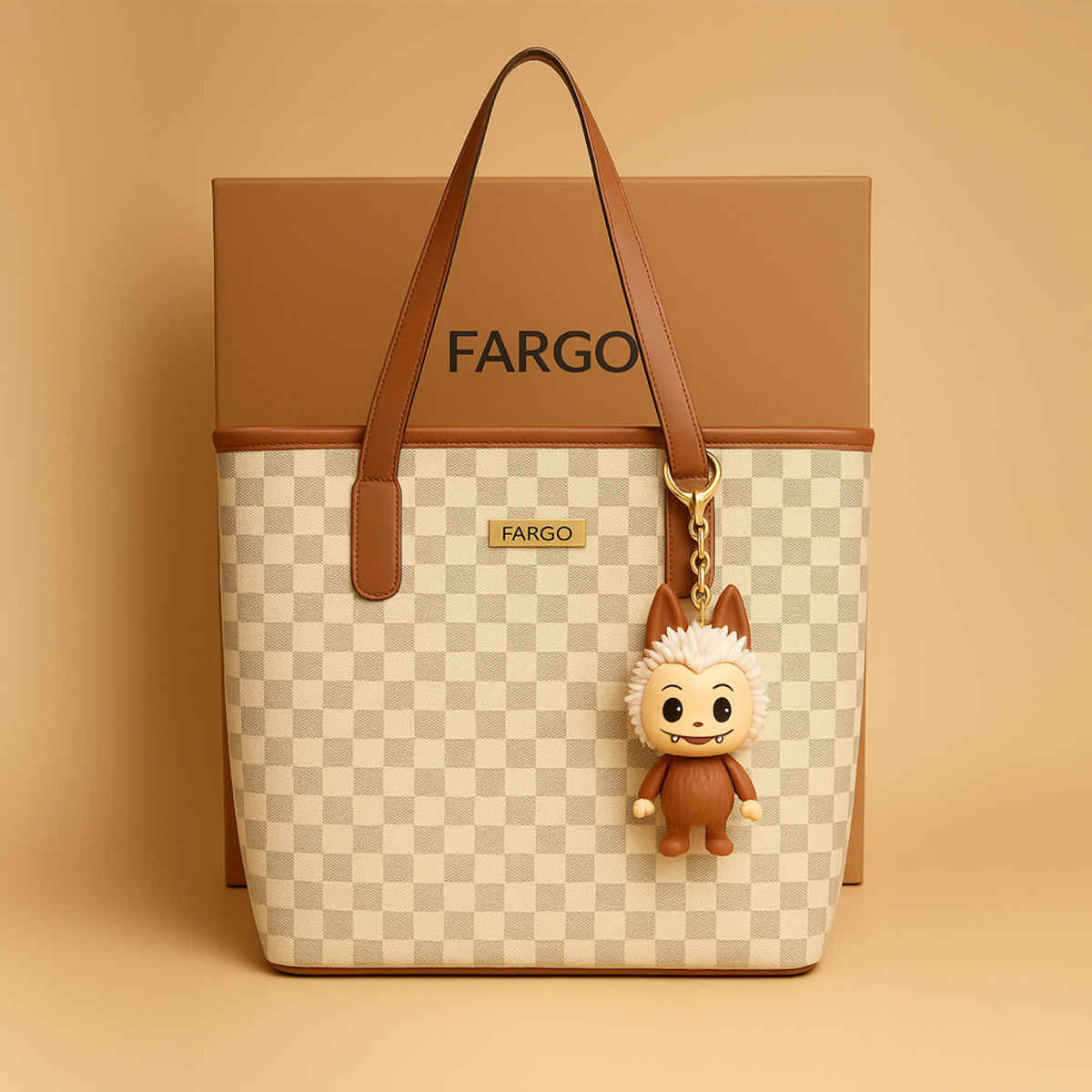 FARGO Vegan Leather Labubu Keychain Tote Bag | Beige