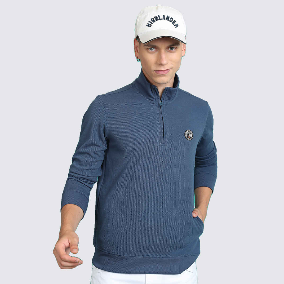 HIGHLANDER Men's Mock Collar Half Zipper Pullover Sweatshirt | Blue - L