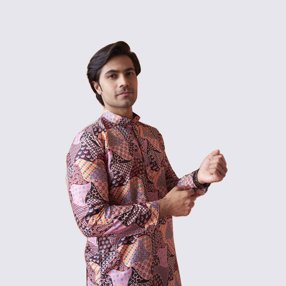 House Of Festivals Men's Printed Cotton Blend Long Kurta | Multicolor - L