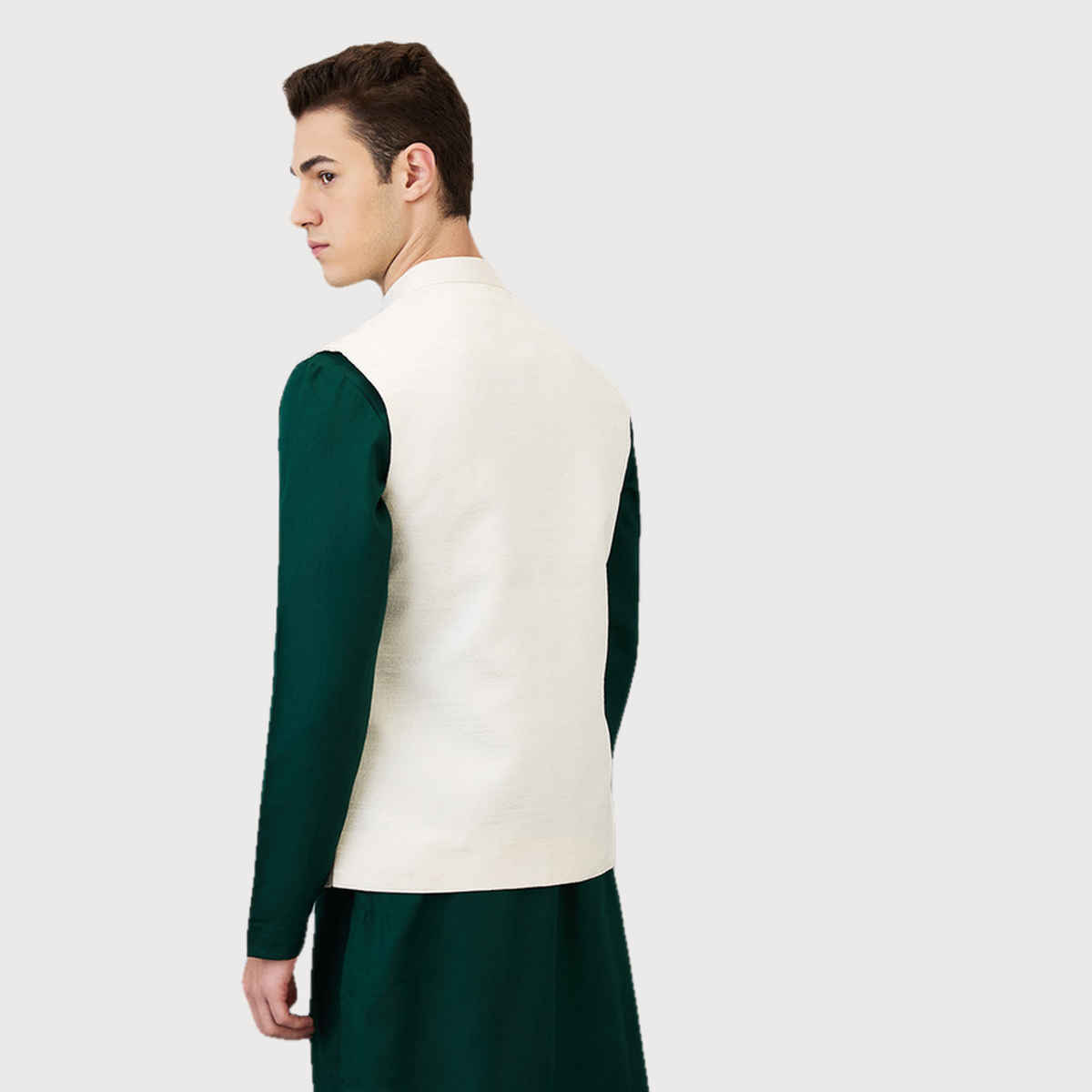 Ethnix by Raymond Men's Regular Fit Pure Polyester Structure Stand Collar Bundi | White - 2XL