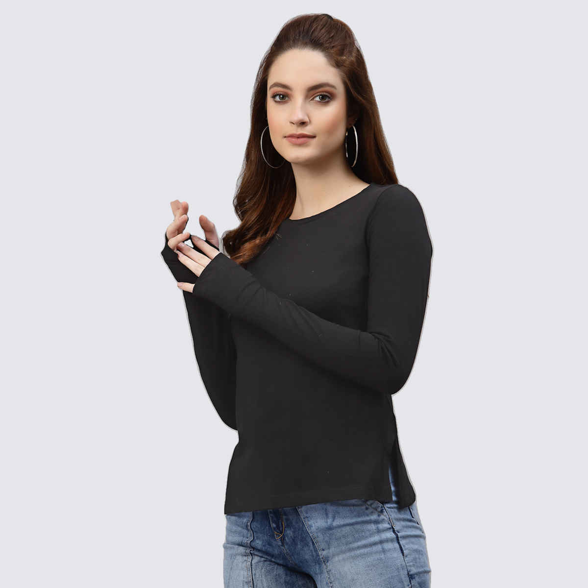 Rigo Women Full Sleeves Thumhole Top for Women | Black - L