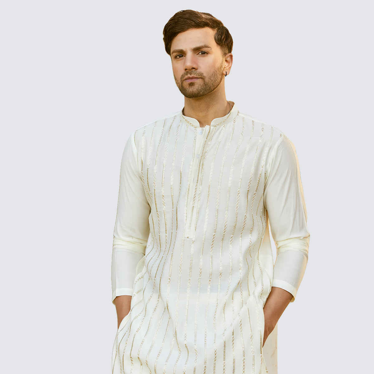 See Designs Men's Chanderi Silk Sequins Kurta | Off White and Gold - S