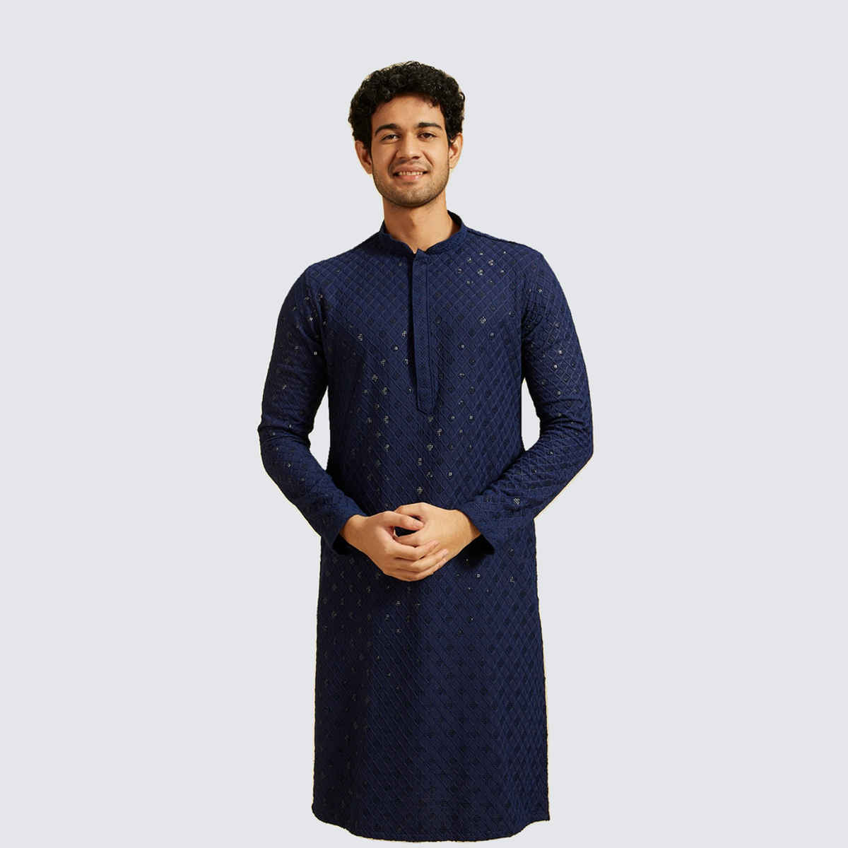 Diwas By Manyavar Men's Chikankari Kurta With Sequins | Navy Blue - 2XL