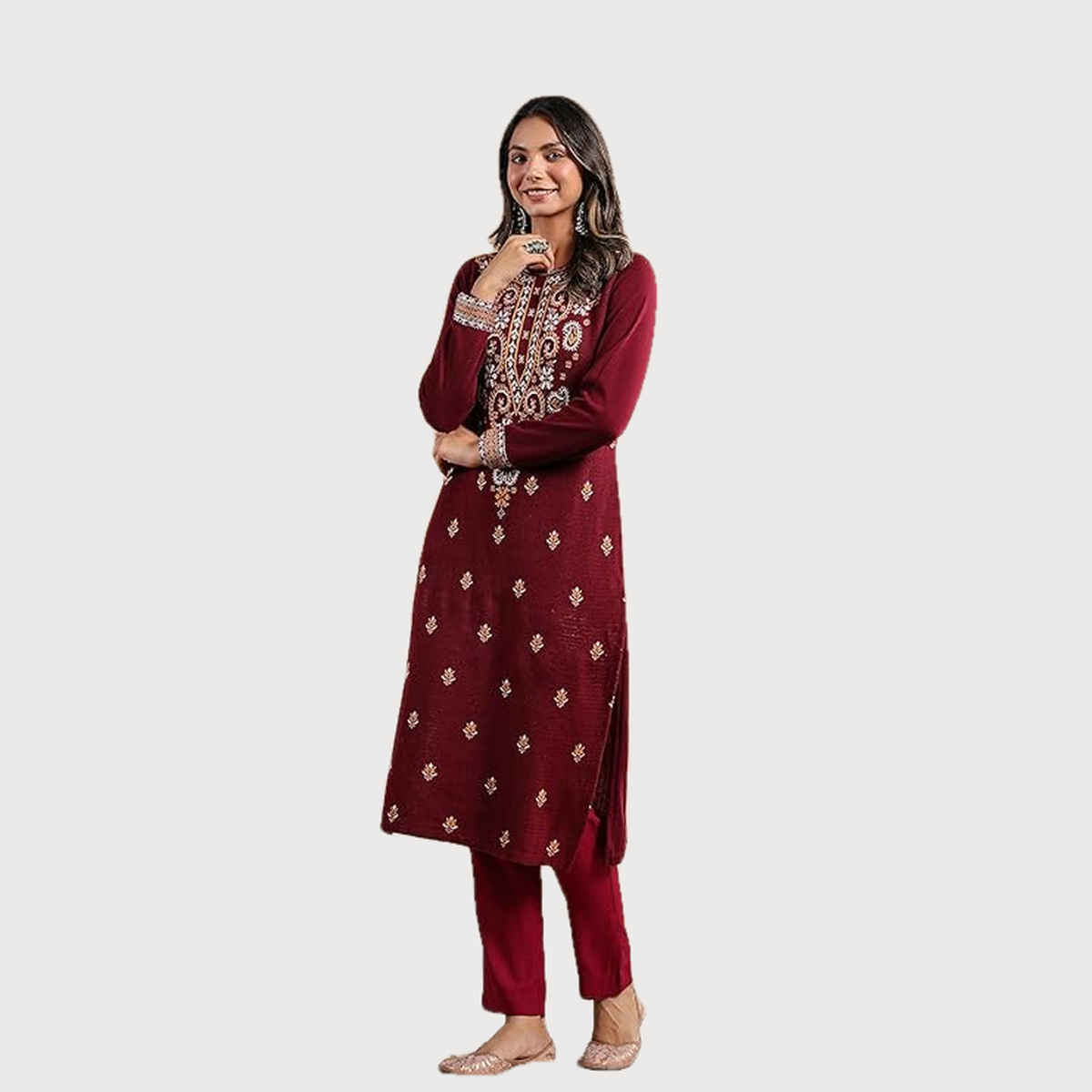 Ishin Women's Kurta Ethnic Straight Poly | Wine - M