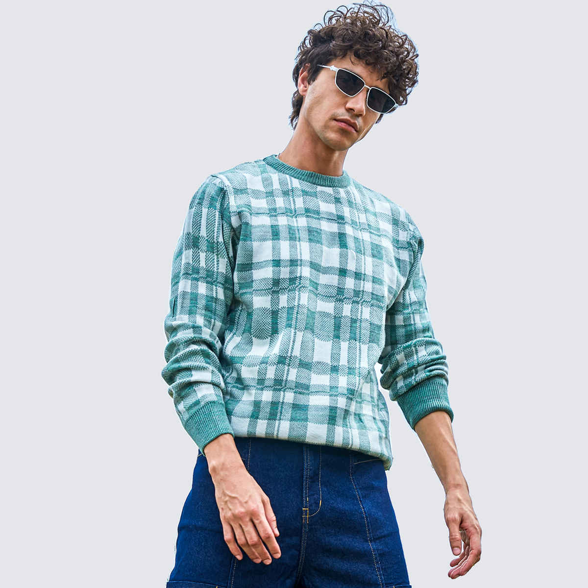Campus Sutra Men's Tartan Plaid Pullover Sweater | Sage Green - L