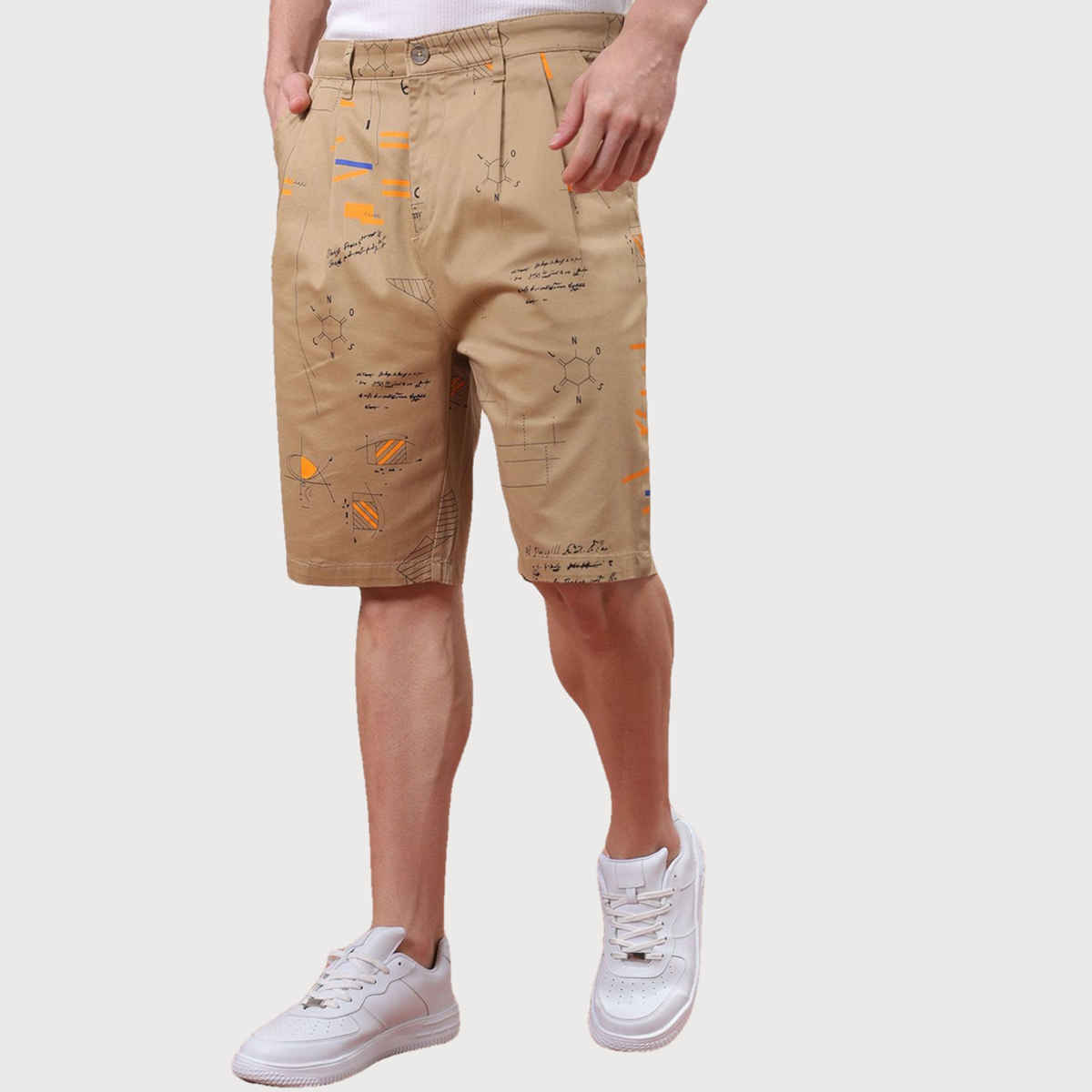 The Indian Garage Co Men s | Relaxed Fit Face Print Casual Pleated Shorts | Beige | 32