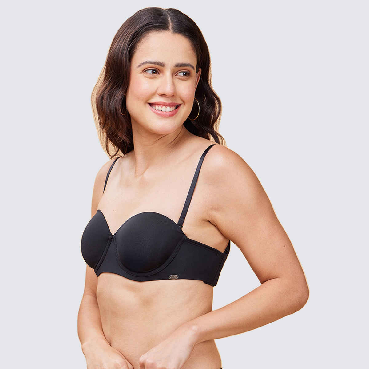 Enamor Women's F132 Strapless Transparent Back Bra | High-Coverage | Padded | Wired | Black - 32C