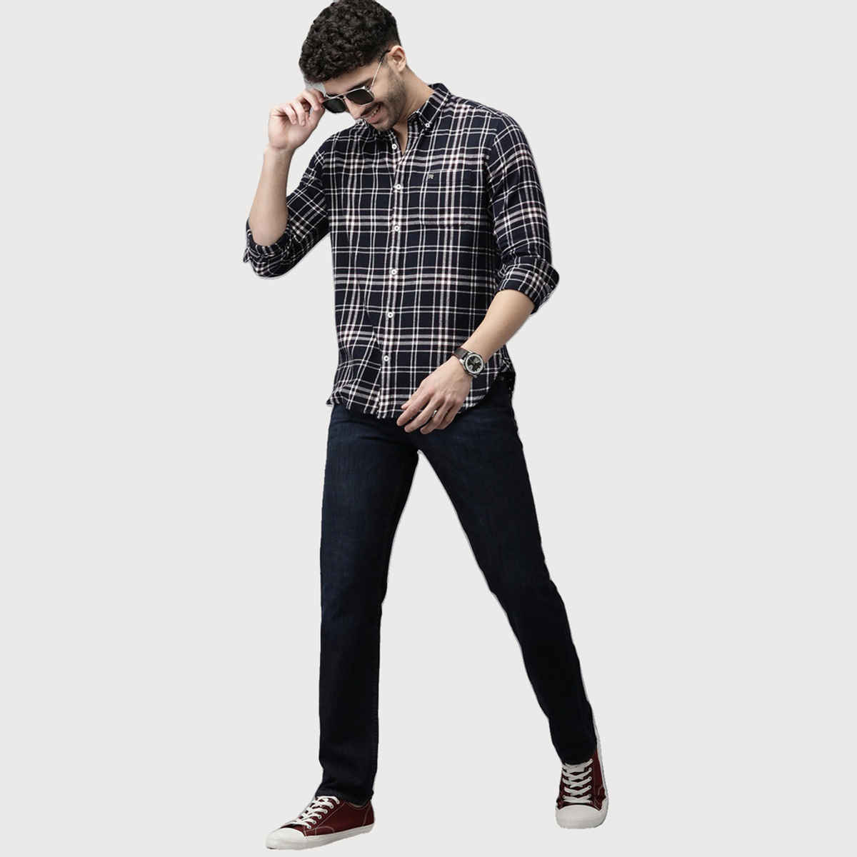 The Bear House Men Slim Fit Checked Button-Down Casual Shirt - Salva | Blue | XL