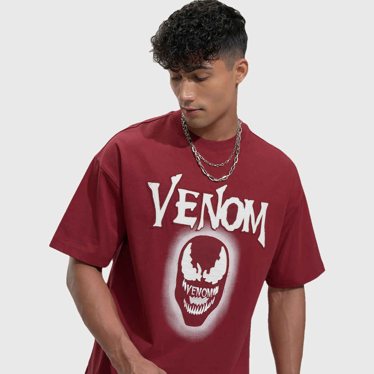 HIGHLANDER Men's Marvel Venom Round Neck Drop Shoulder Graphic Oversized Tshirt | Maroon - S