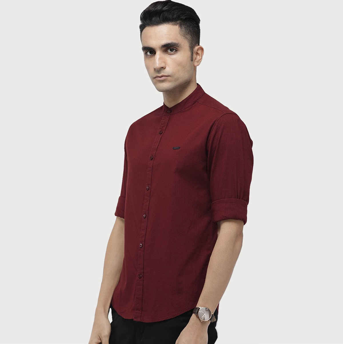 The Indian Garage Co Men's Slim Fit Solid Casual Shirt | Maroon - L