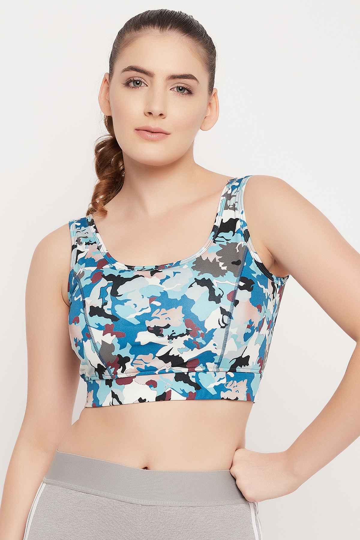 Clovia Medium Impact Padded Camouflage Print Sports Bra | Blue | M