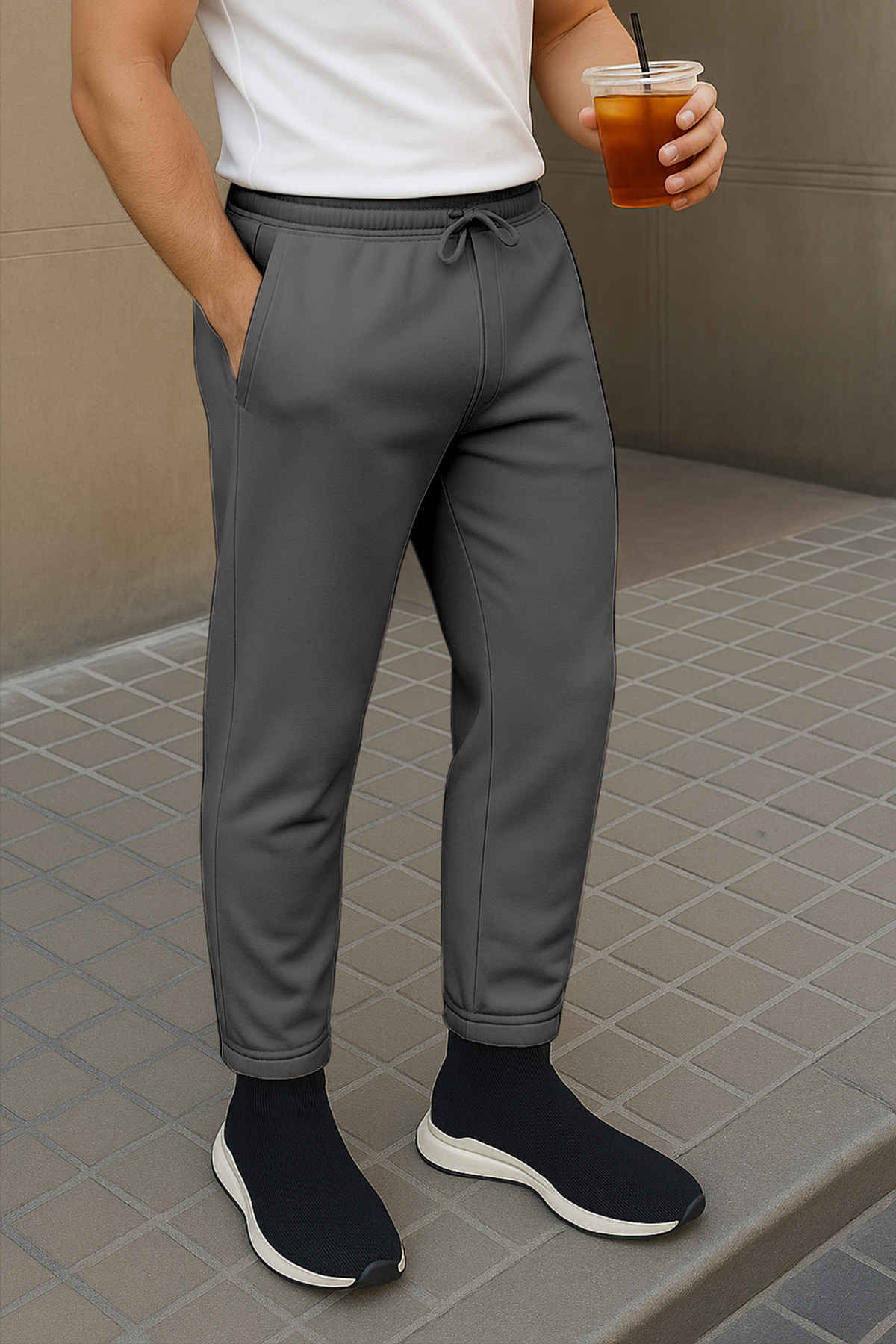 FTX Men's Solid Regular Fit Fleece Fabric Track Pant | Dark Grey - L